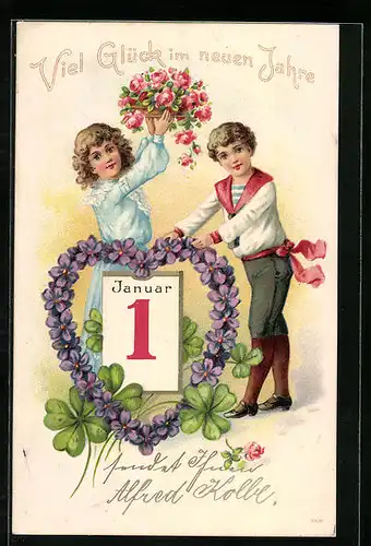 AK Blumenkranz, Kinder mit Kleeblättern, Blumenbild