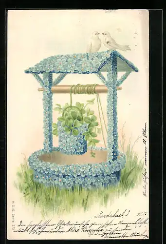 AK Blumenbrunnen mit weissen Tauben