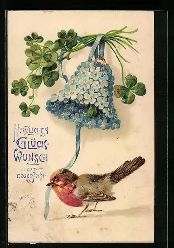 Präge-AK Vogel läutet Blumen-Glocke, Blumenbild