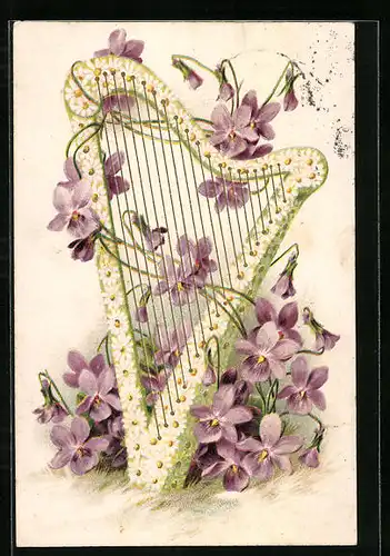 Präge-AK Blumenbild, Harfe mit Blüten