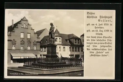 AK Hainichen i. Sa., Dichter Christian Fürchtegott Gellert-Denkmal