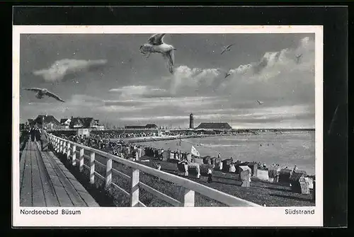 AK Büsum, Südstrand mit Badegästen, Möwen