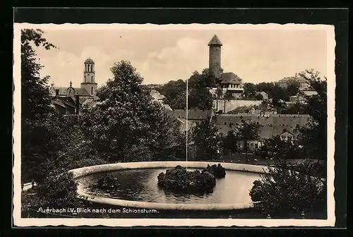 AK Auerbach i. V., Blick nach dem Schlossturm, Springbrunnen