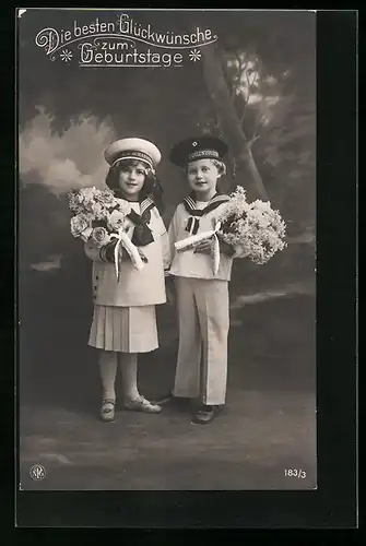 Foto-AK NPG Nr. 183 /3: Junge und Mädchen in Matrosenkleidung mit Blumen, Geburtstag