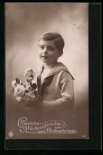 Foto-AK NPG Nr. 1167: Junge in Matrosenkleidung mit Blumen