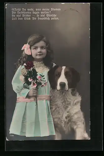 Foto-AK NPG Nr. 1696: Mädchen mit Blumen und Hund