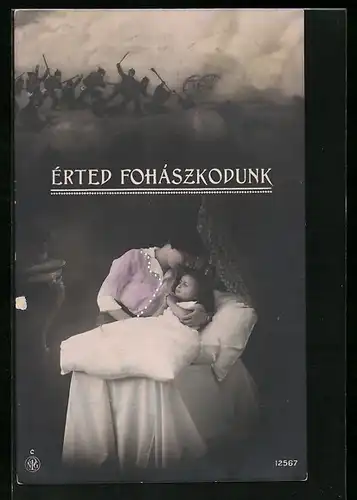 Foto-AK NPG Nr. 12567: Mutter hält ihre betende Tochter, Érted Fohászkodunk