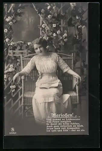 Foto-AK L.J. & F.F. Nr. 3268 /2: Dame sitzt auf einer Bank, Blumen