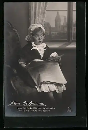 Foto-AK L.J. & F.F. Nr. 3507 /1: Kleines Mädchen mit Haube und Brille liest die Zeitung
