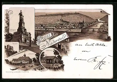 Vorläufer-Lithographie Bingen, 1893, Niederwald-Denkmal, Jagdschloss, Eremitage