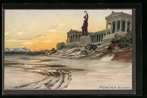 Künstler-AK München, Panorama Bavaria m. Ruhmeshalle