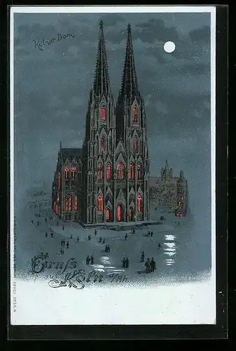 Mondschein-Lithographie Köln a. Rh., Dom bei Vollmond