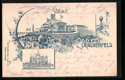 Lithographie Drachenfels, Hotel und Weinhandlung auf dem Drachenfels, Schloss, Weinglas