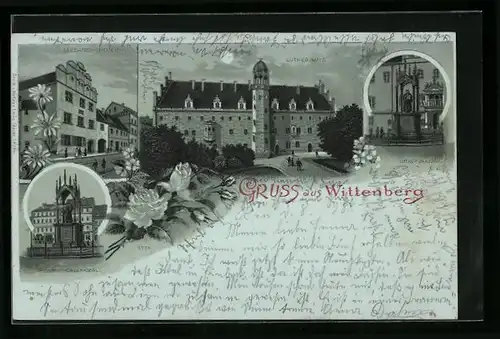 Mondschein-Lithographie Wittenberg, Lutherhaus, Melanchthonhaus, Melanchthon-Denkmal