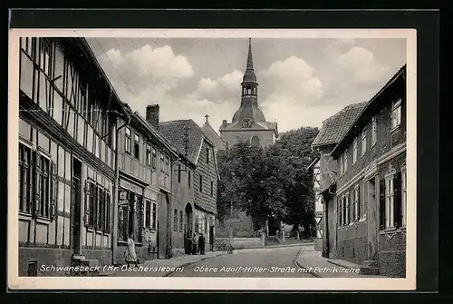 AK Schwanebeck /Kr. Oschersleben, Obere Strasse mit Geschäft und Petrikirche