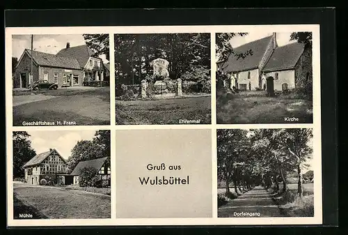 AK Wulsbüttel, Geschäftshaus H. Frank, Mühle, Kirche