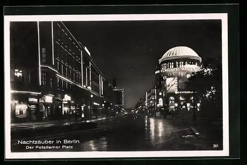 AK Berlin, Potsdamer Platz bei Nacht mit Haus Vaterland