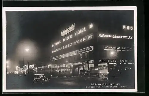 AK Berlin, Partie am Europa-Haus bei nächtlicher Beleuchtung