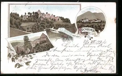 Lithographie Hochburg, Ortsansicht, Ruine