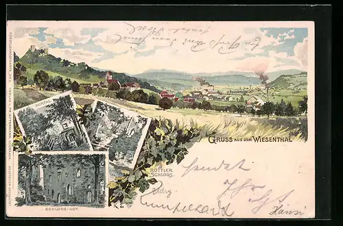 Lithographie Lörrach, Verschiedene Schlossansichten, Panoramablick in's Wiesenthal