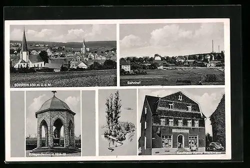 AK Sohren, Ortsansicht, Bahnhof, Kriegerdenkmal, Kaufhaus Aenne Weckmann