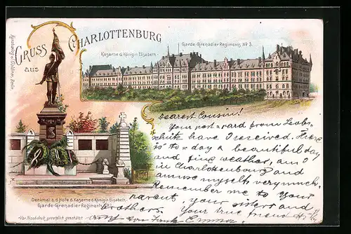Lithographie Berlin-Charlottenburg, Kaserne d. Königin Elisabeth-Garde-Grenadier-Regiments No. 3, Denkmal