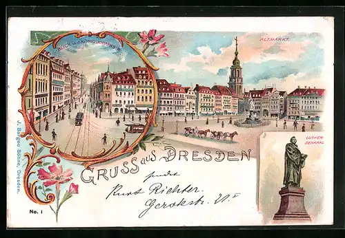 Lithographie Dresden, Blick in d. König Johann Strasse, Altmarkt