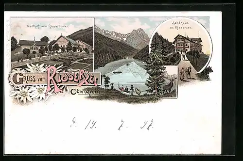 Lithographie Rissersee /Oberbayern, Gasthof zum Risserbauer, Landhaus am Rissersee