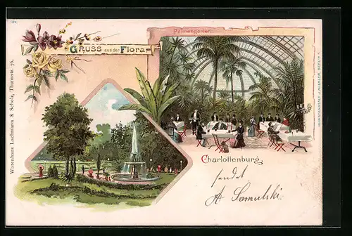 Lithographie Berlin-Charlottenburg, Gasthaus Flora, Palmengarten