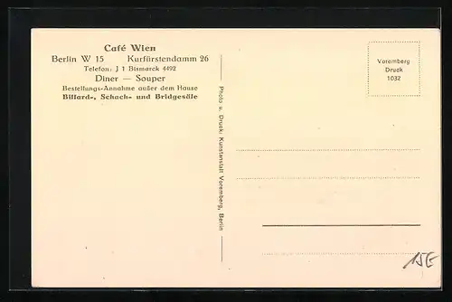 AK Berlin-Charlottenburg, Cafe Conditorei Wien von Karl Kutschera, Kurfürstendamm 26