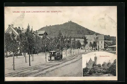 AK Goerlitz, Landskrone mit Strassenbahn, Restauration