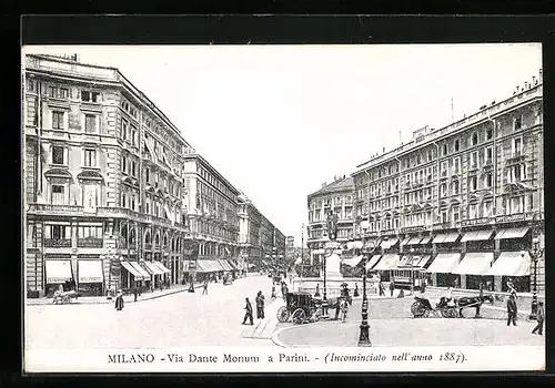 AK Milano, Via Dante Monum a Parini, Strassenbahn