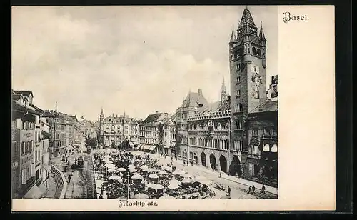 AK Basel, Marktplatz mit Strassenbahn