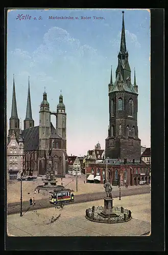 AK Halle a. S., Marienkirche u. Roter Turm mit Strassenbahn