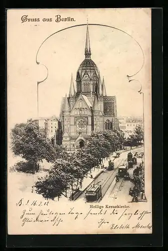 AK Berlin, Heilige Kreuzkirche mit Strassenbahn