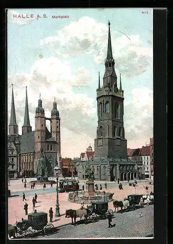 AK Halle a. S., Marktplatz mit Strassenbahn