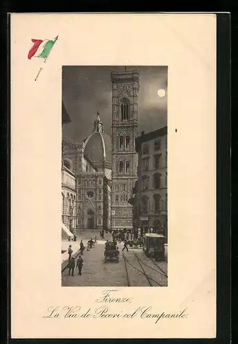 AK Firenze, La Via de Pecori col Campanile, Strassenbahn