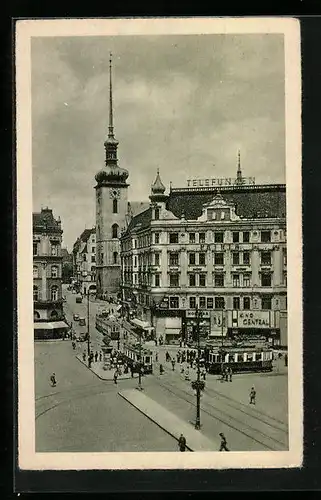 AK Brünn, Kirchengasse mit Strassenbahn