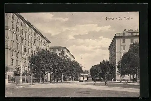 AK Genova, Via Corsica, Strassenbahn