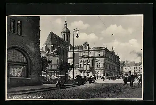 AK Troppau, Platz mit Strassenbahn