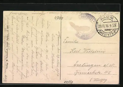 AK Hamm i. W., Totalansicht mit Strassenbahn