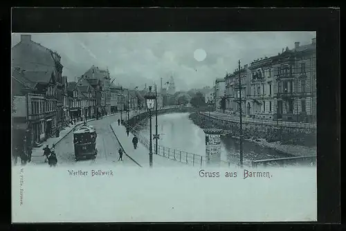 Mondschein-AK Barmen, Werther Bollwerk mit Strassenbahn