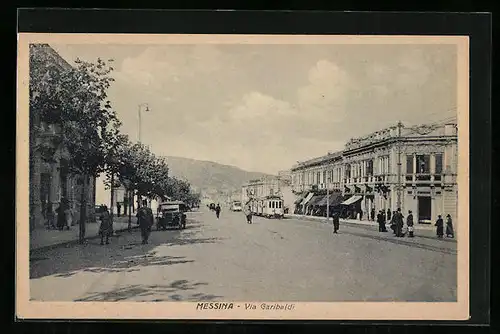AK Messina, Via Garibaldi, Strassenbahn