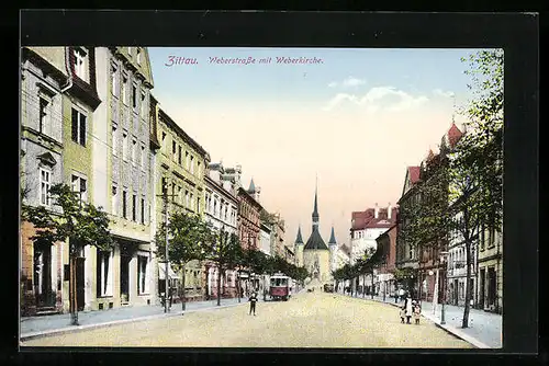AK Zittau, Weberstrasse mit Weberkirche und Strassenbahn