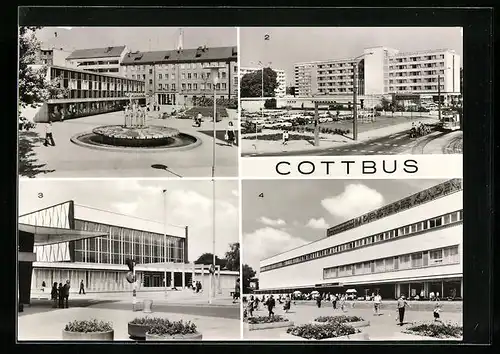 AK Cottbus, Hotel Lausitz, Stadthalle, Springbrunnen und Volksbuchhandlung Jenny Marx