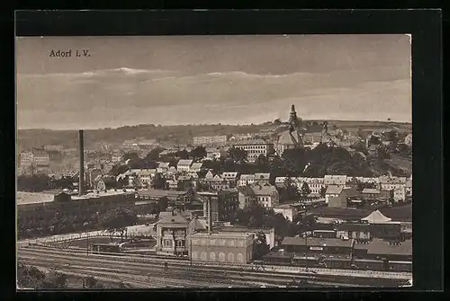AK Adorf i. V., Teilansicht mit Bahnhof aus der Vogelschau