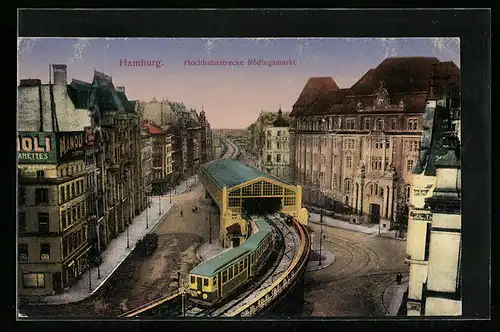 AK Hamburg, Bahnhof und Hochbahnstrecke Rödingsmarkt aus der Vogelschau