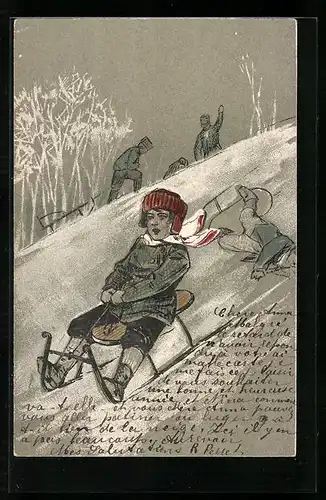 Lithographie Kinder beim Rodeln, Schlitten