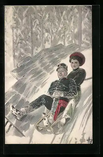 AK Soldat mit seiner Liebsten auf einem Schlitten
