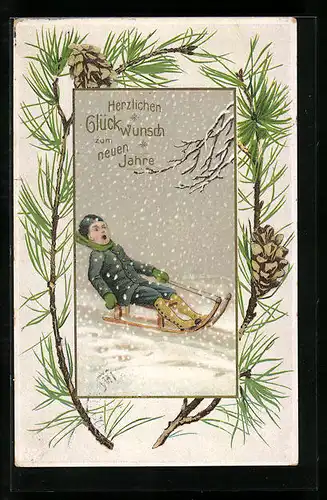 AK Junge im Schnee auf einem Schlitten